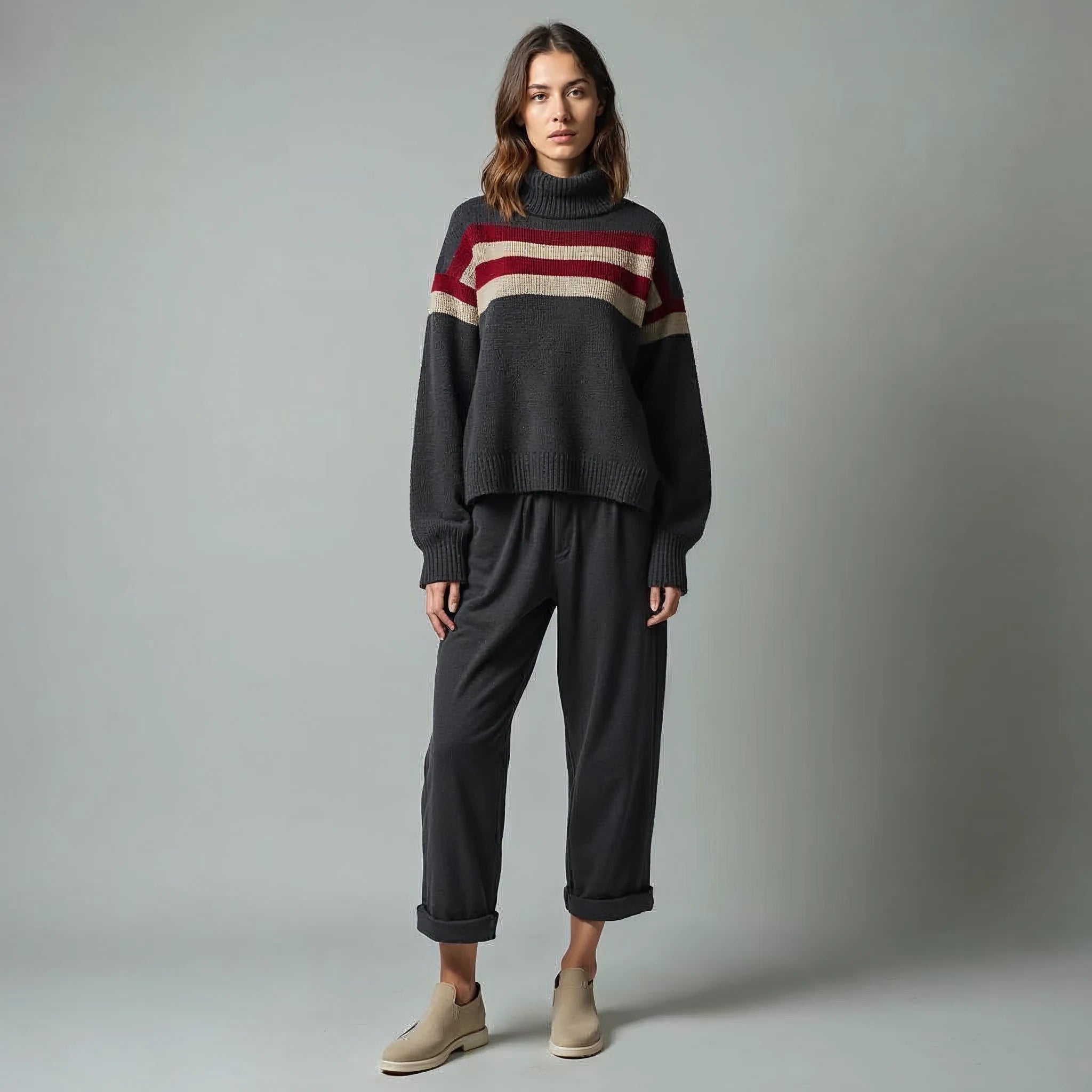Aurelle - Colour-Block Waffle-Knit Roll-Neck Jumper