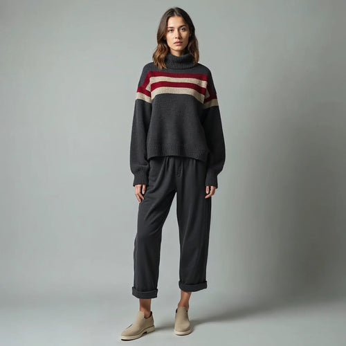 Aurelle - Colour-Block Waffle-Knit Roll-Neck Jumper