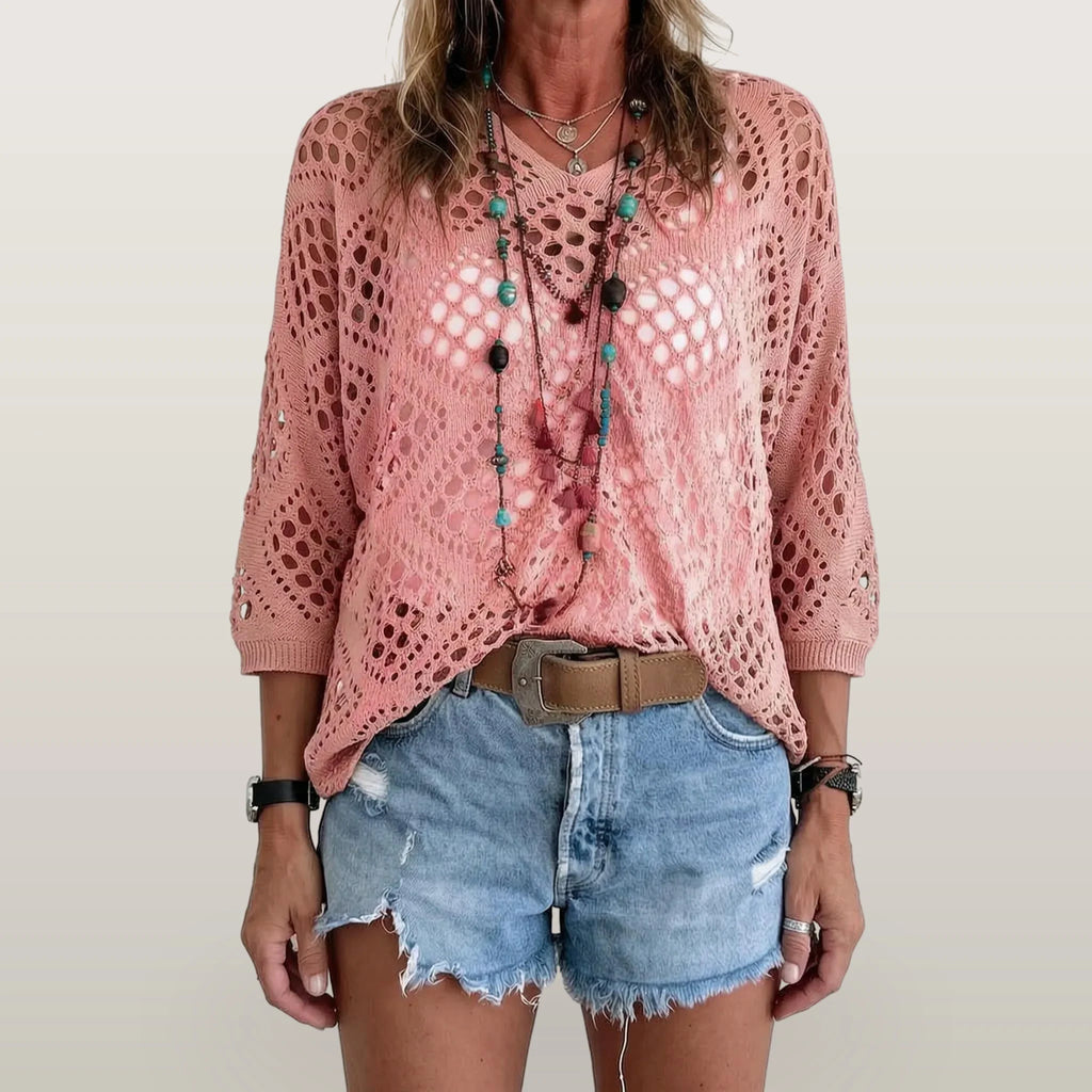 Breezlyn - Open-Knit Geometric Summer Top