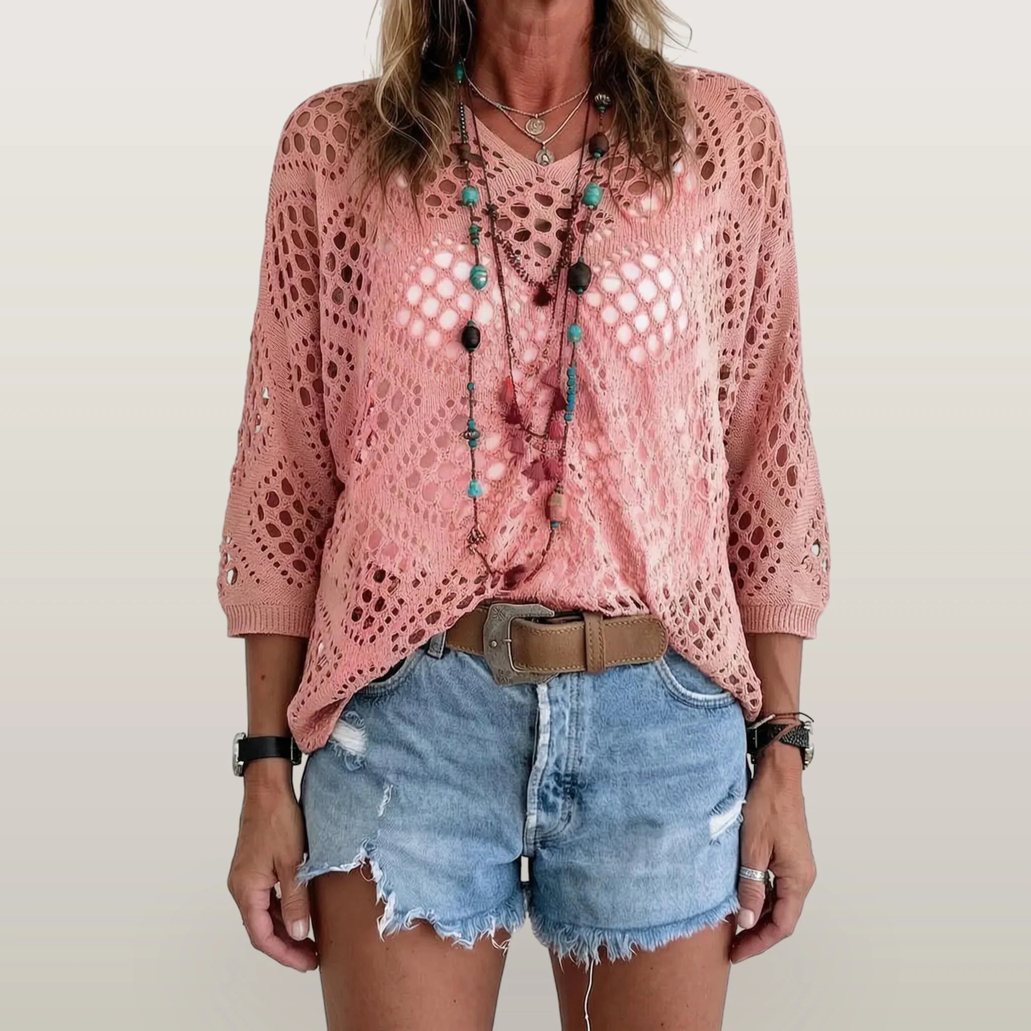 Breezlyn - Open-Knit Geometric Summer Top