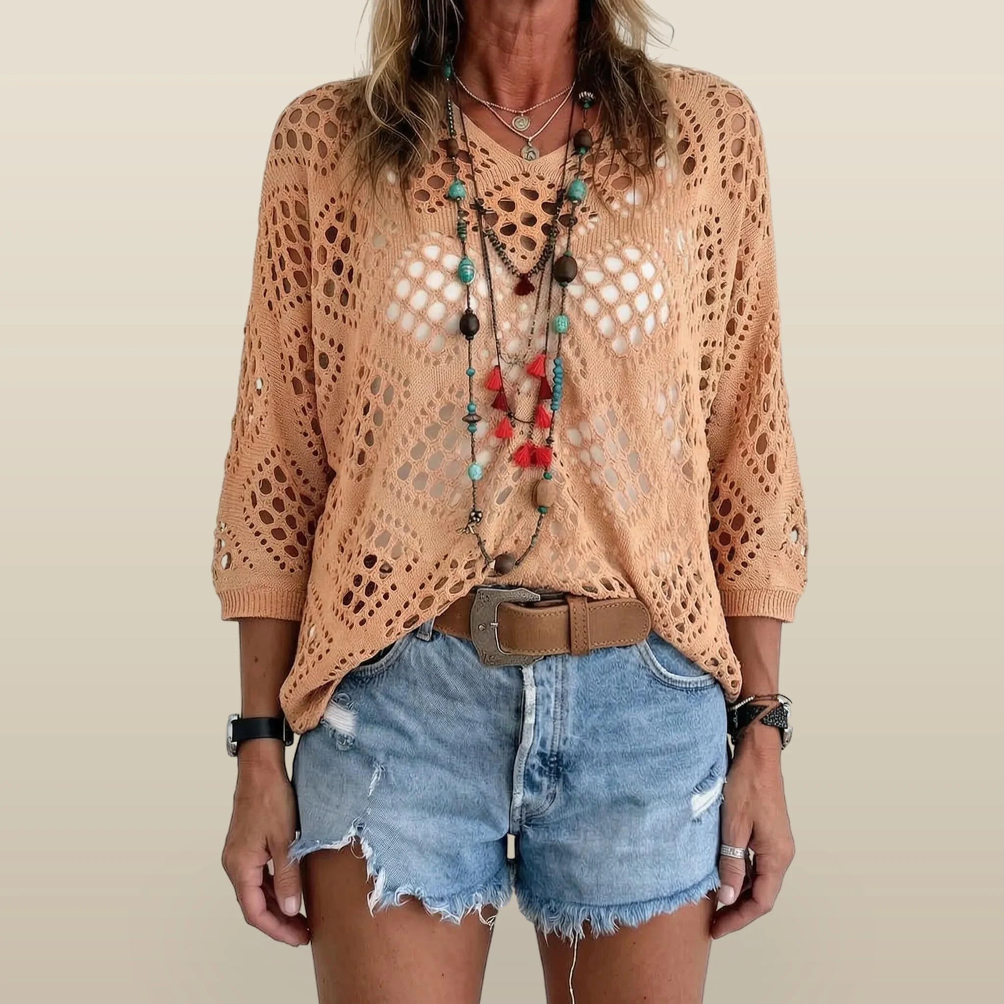 Breezlyn - Open-Knit Geometric Summer Top