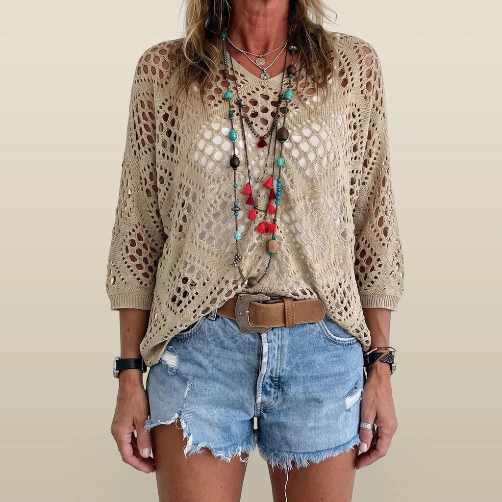Breezlyn - Open-Knit Geometric Summer Top