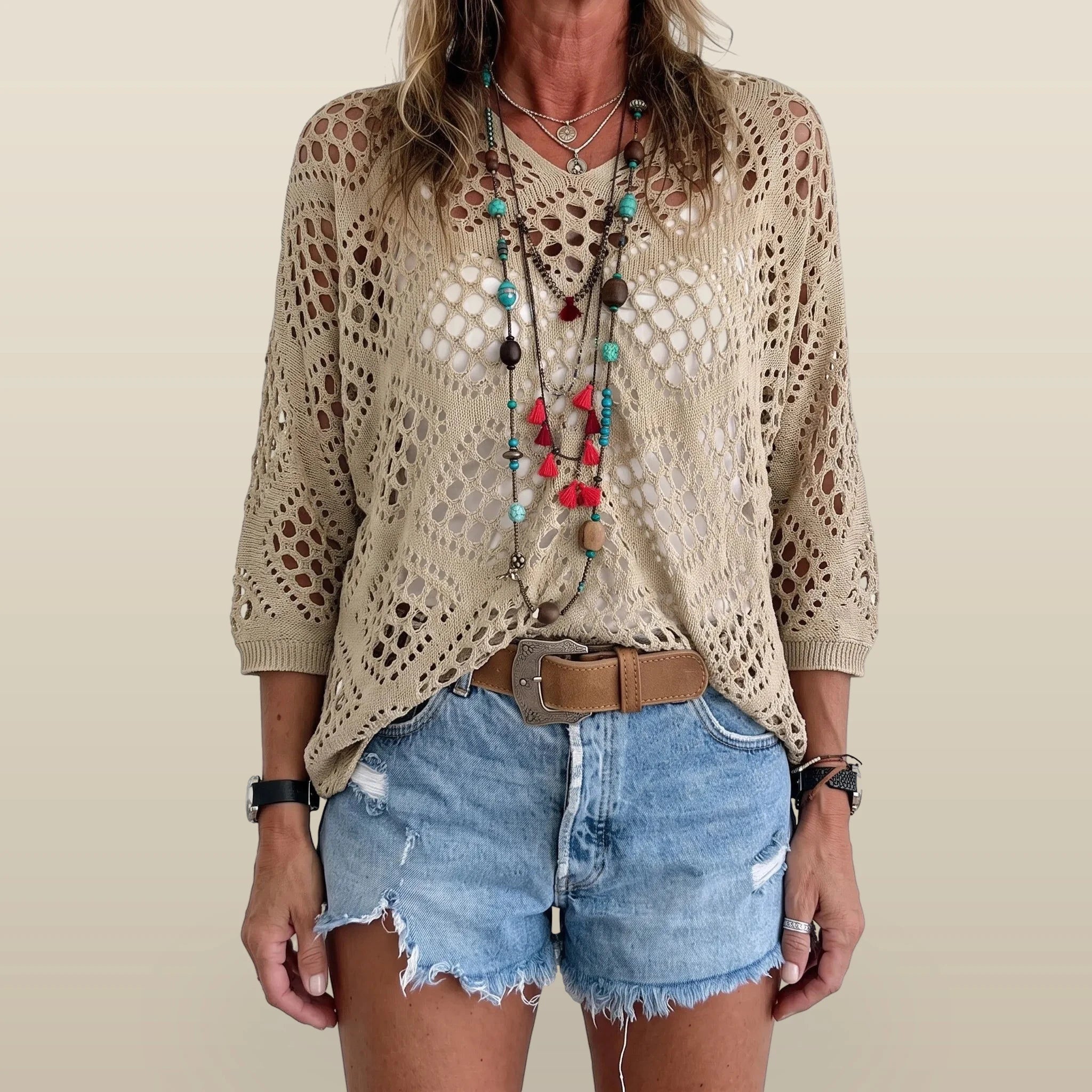 Breezlyn - Open-Knit Geometric Summer Top