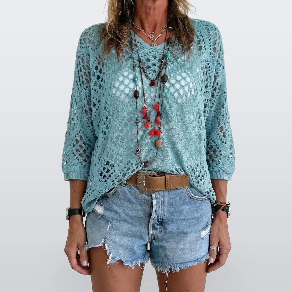 Breezlyn - Open-Knit Geometric Summer Top