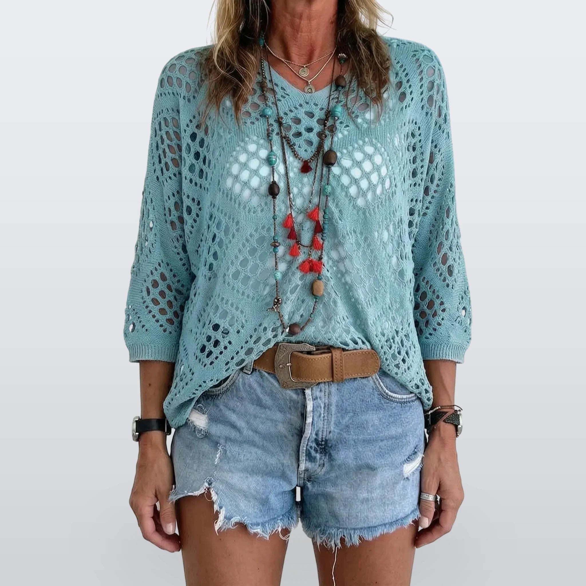 Breezlyn - Open-Knit Geometric Summer Top