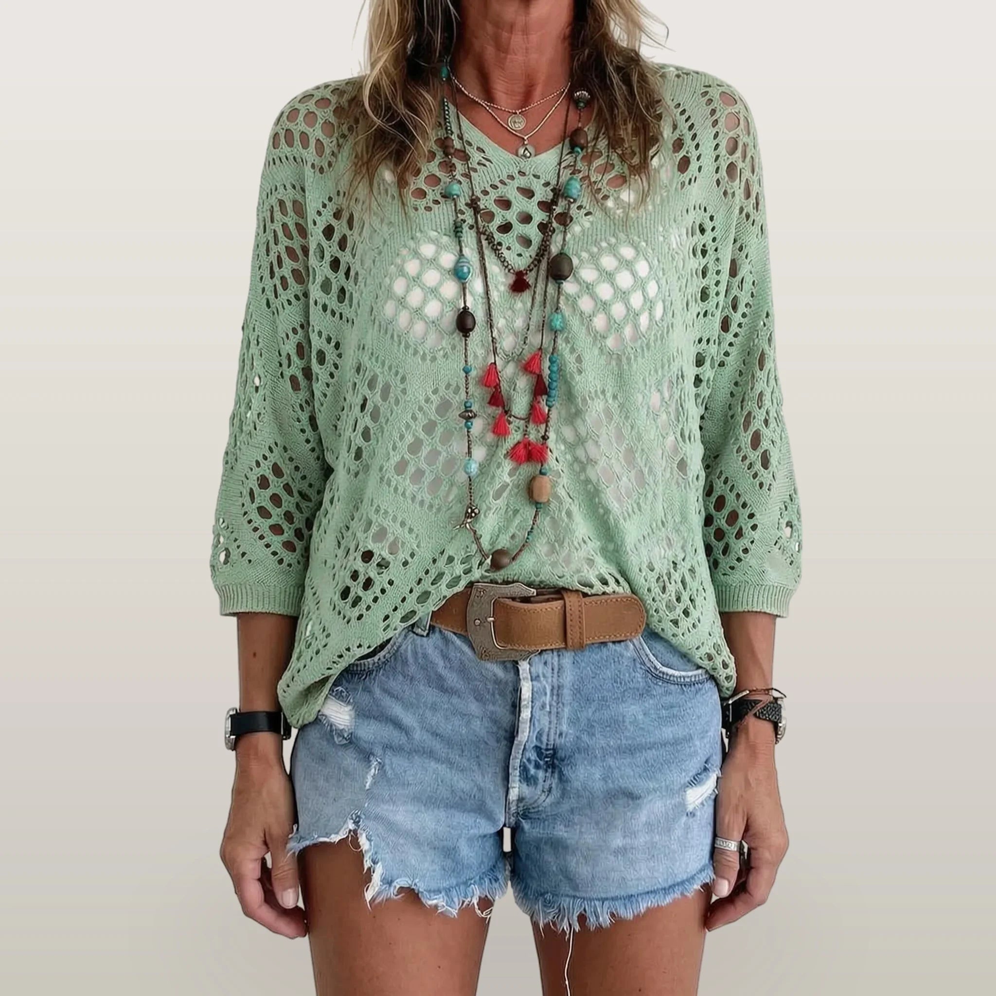 Breezlyn - Open-Knit Geometric Summer Top