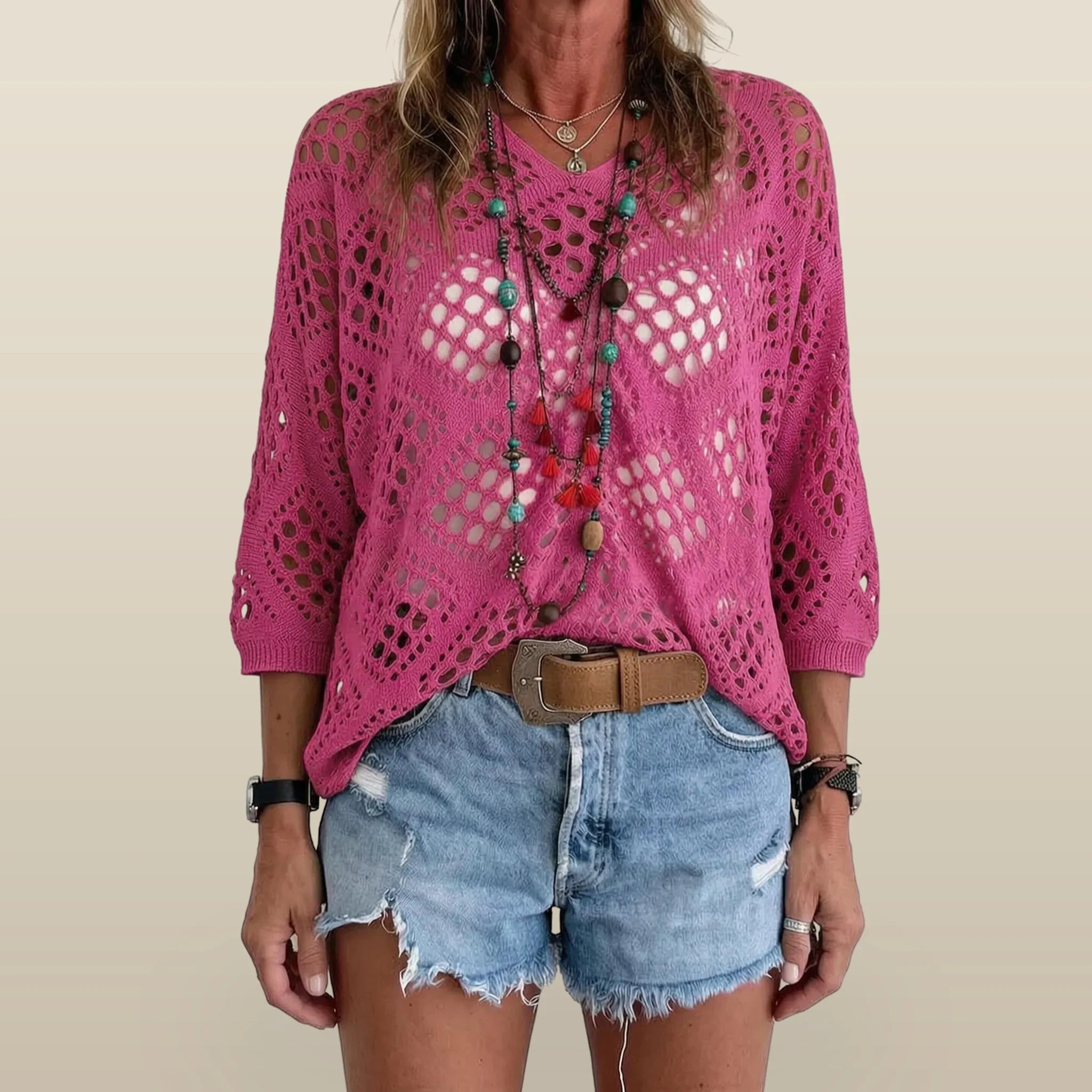 Breezlyn - Open-Knit Geometric Summer Top