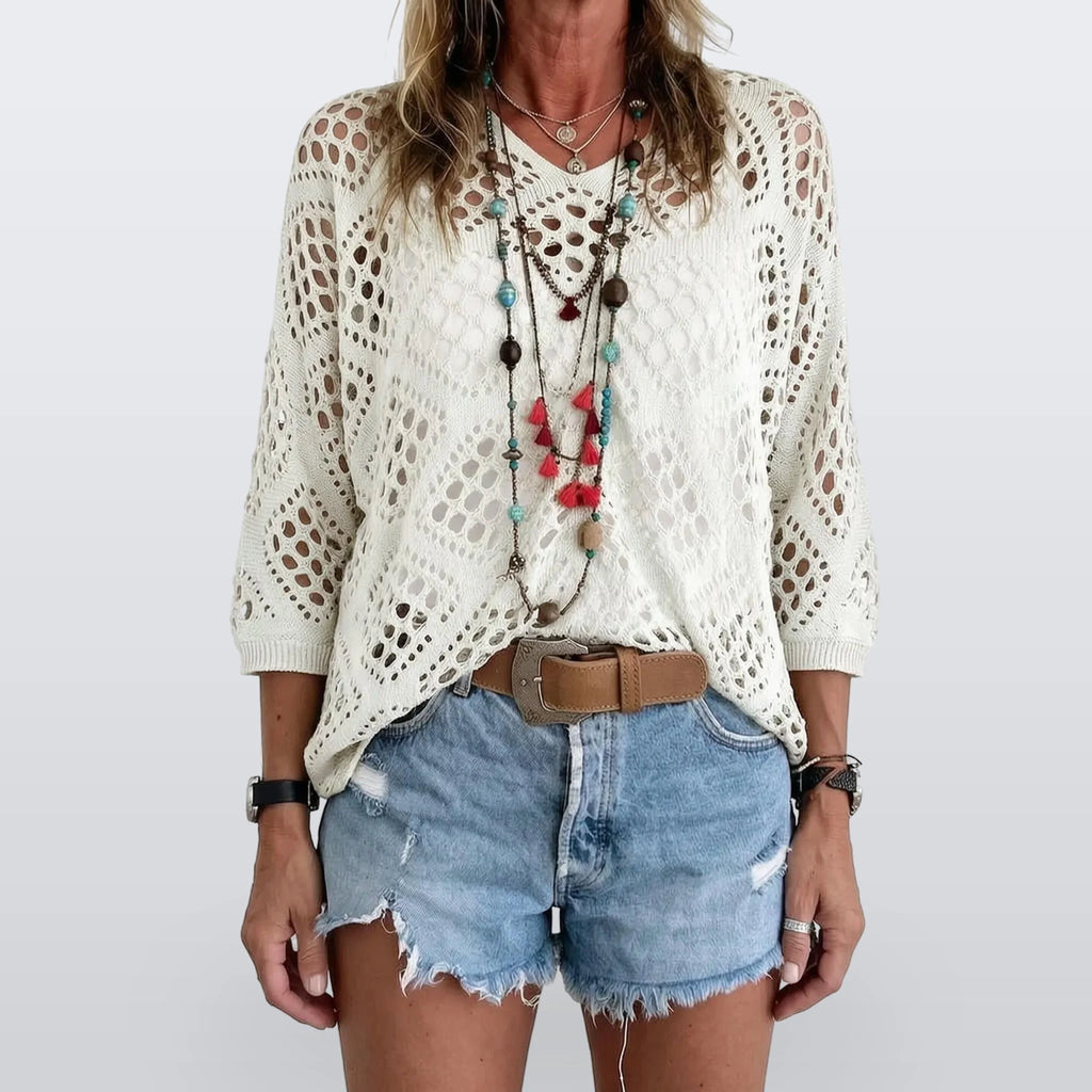 Breezlyn - Open-Knit Geometric Summer Top
