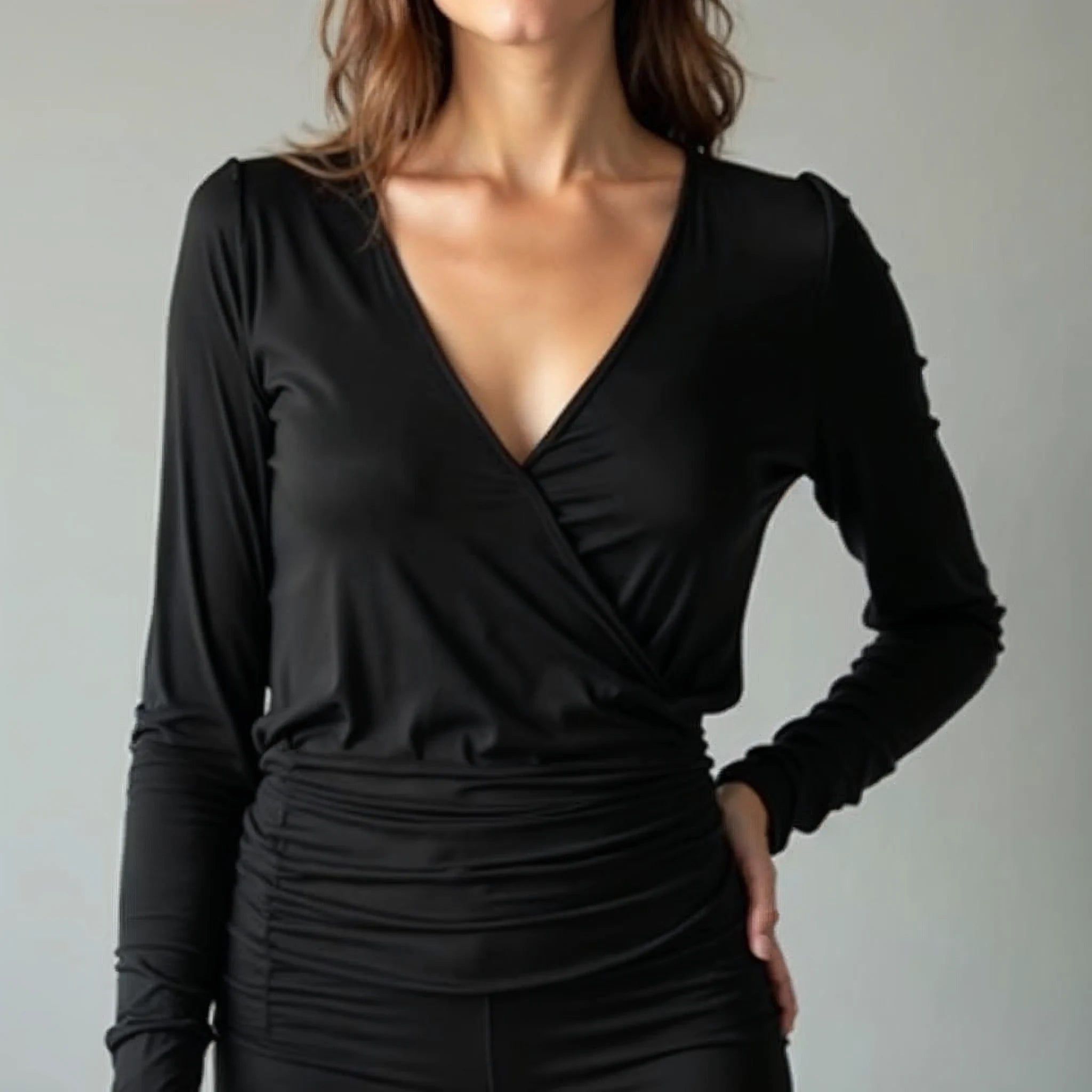 Elowyn - Ruched-Waist Deep V-Neck Top
