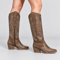 Grace embroidered knee-high western boots in brown, front view