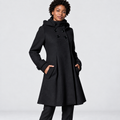 Imogen hooded button-front A-line coat in black, front view