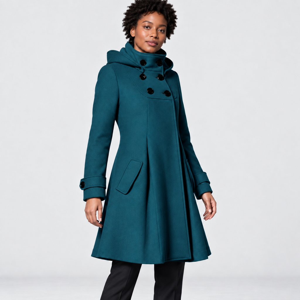 Imogen hooded button-front A-line coat in dark green, angled view