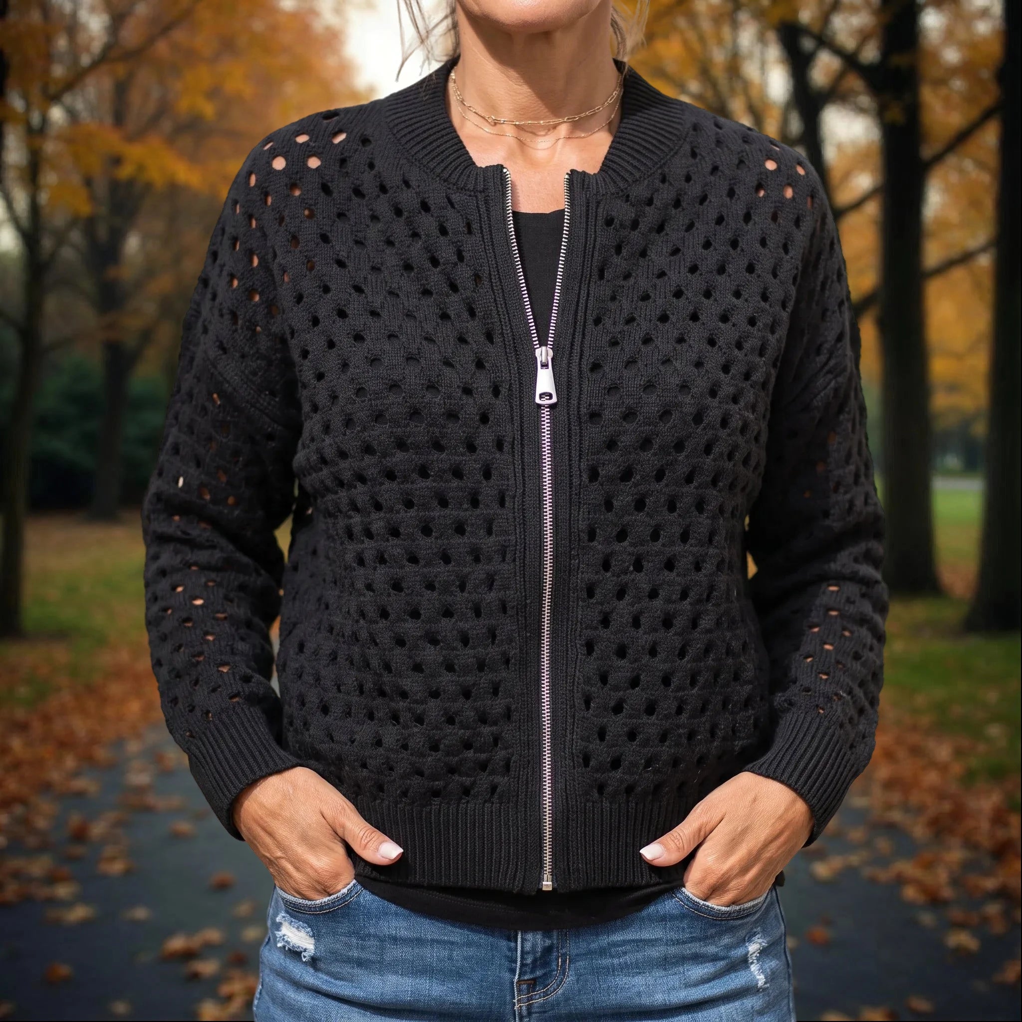 Knitara - Open-Knit Zip-Up Casual Cardigan