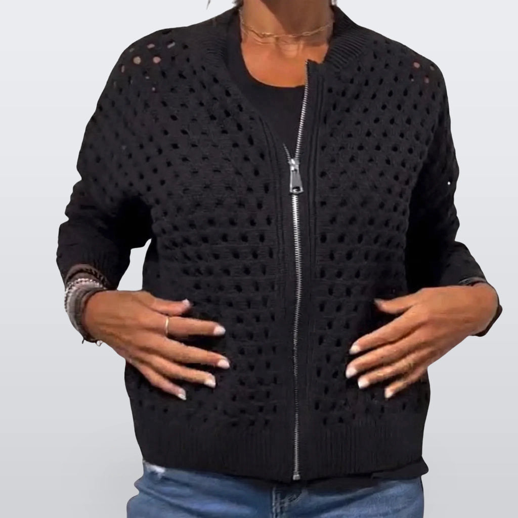 Knitara - Open-Knit Zip-Up Casual Cardigan