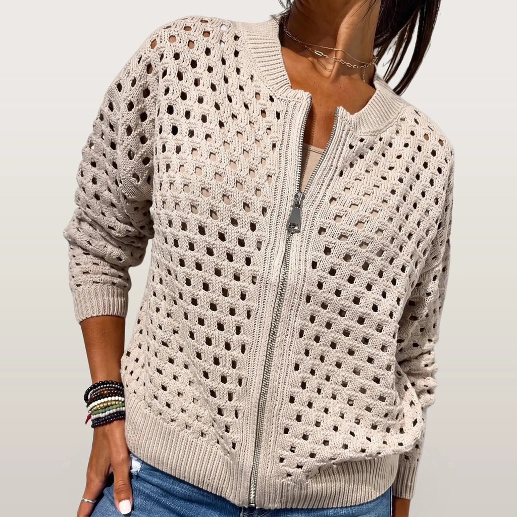 Knitara - Open-Knit Zip-Up Casual Cardigan
