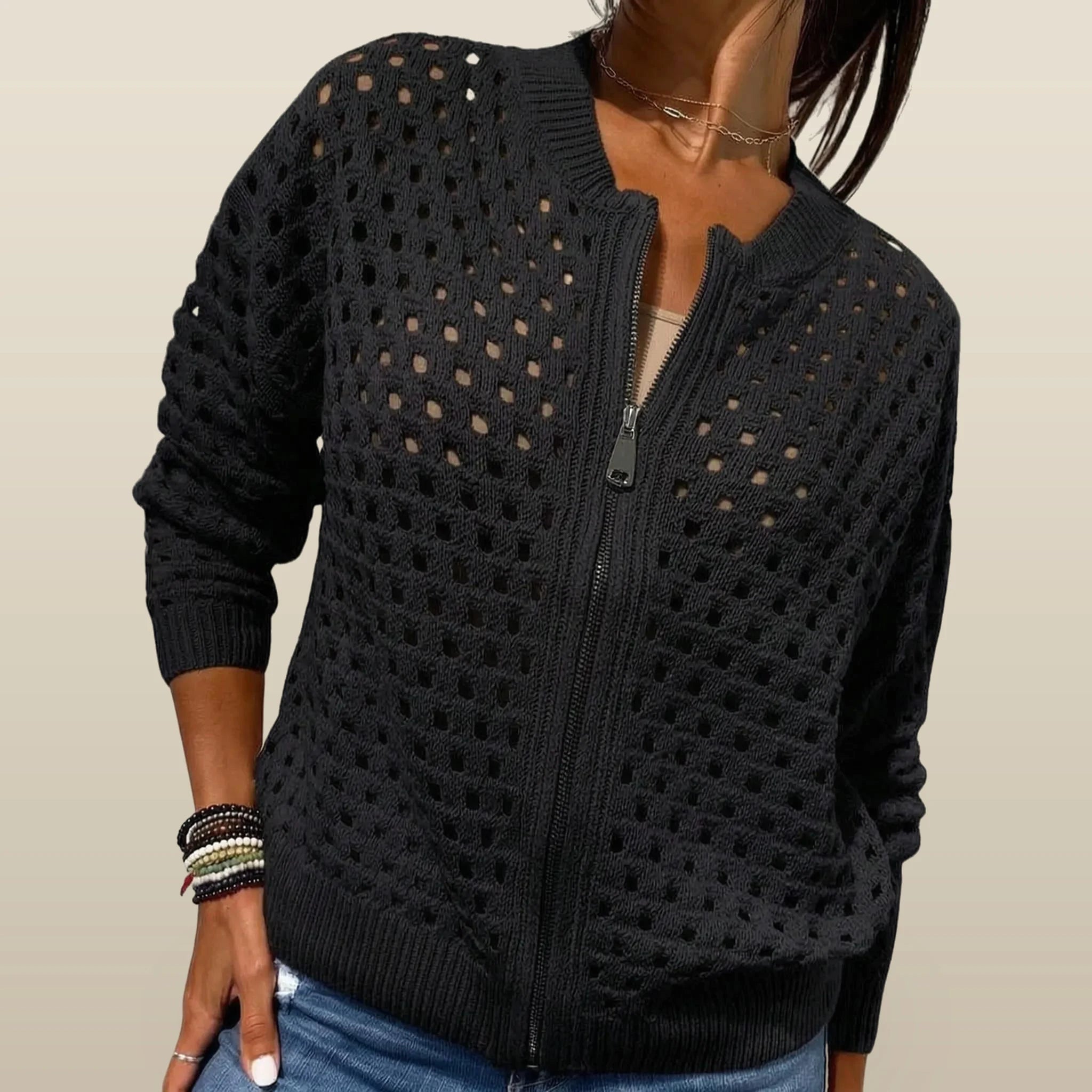 Knitara - Open-Knit Zip-Up Casual Cardigan
