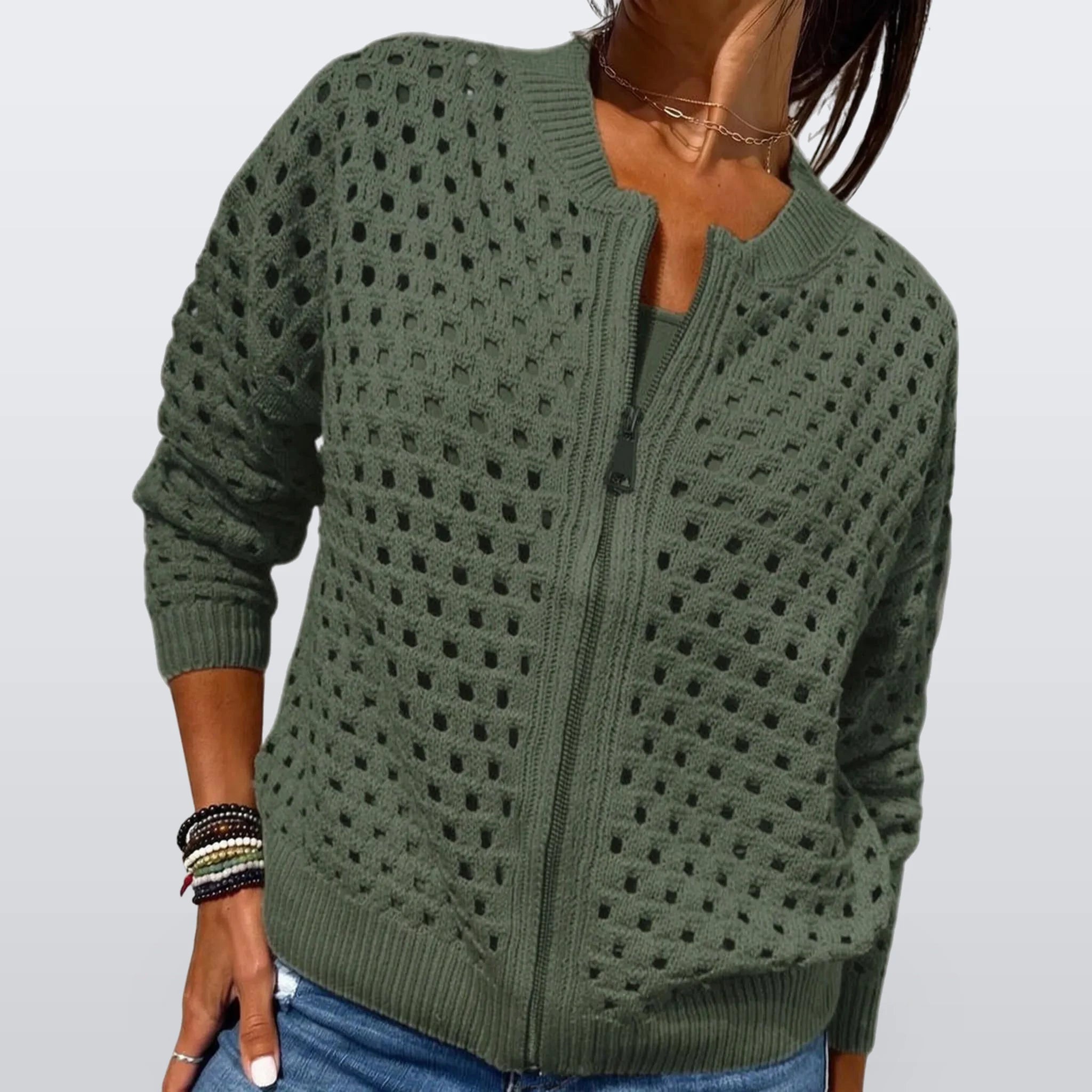 Knitara - Open-Knit Zip-Up Casual Cardigan