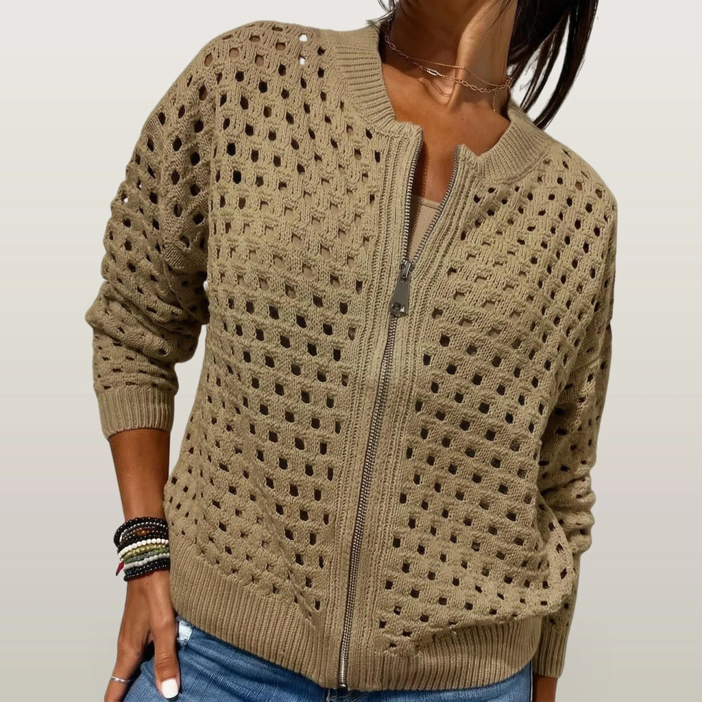 Knitara - Open-Knit Zip-Up Casual Cardigan
