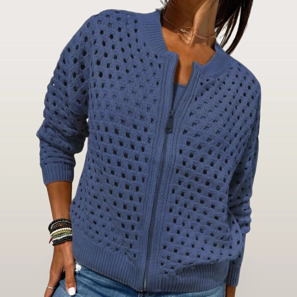 Knitara - Open-Knit Zip-Up Casual Cardigan