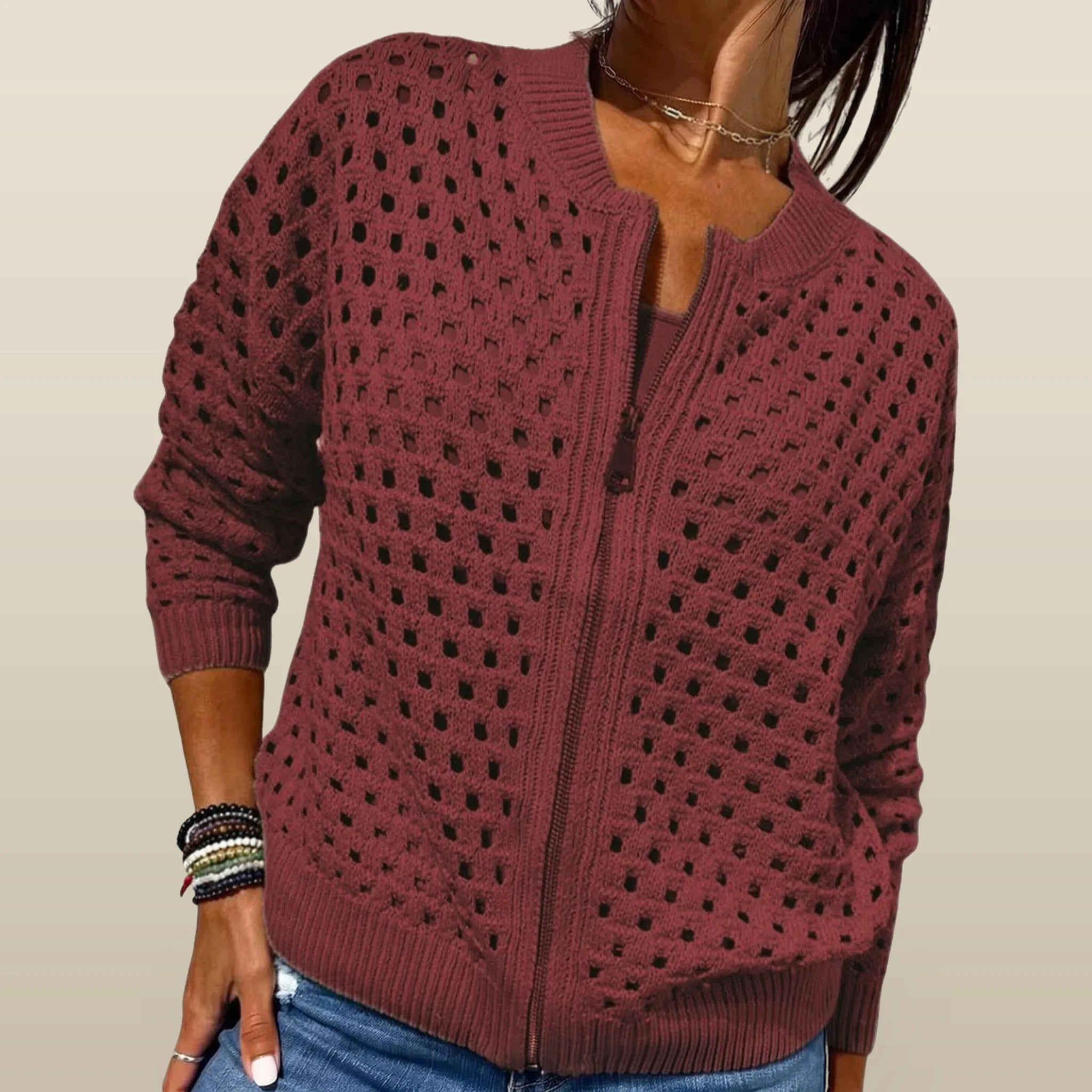 Knitara - Open-Knit Zip-Up Casual Cardigan