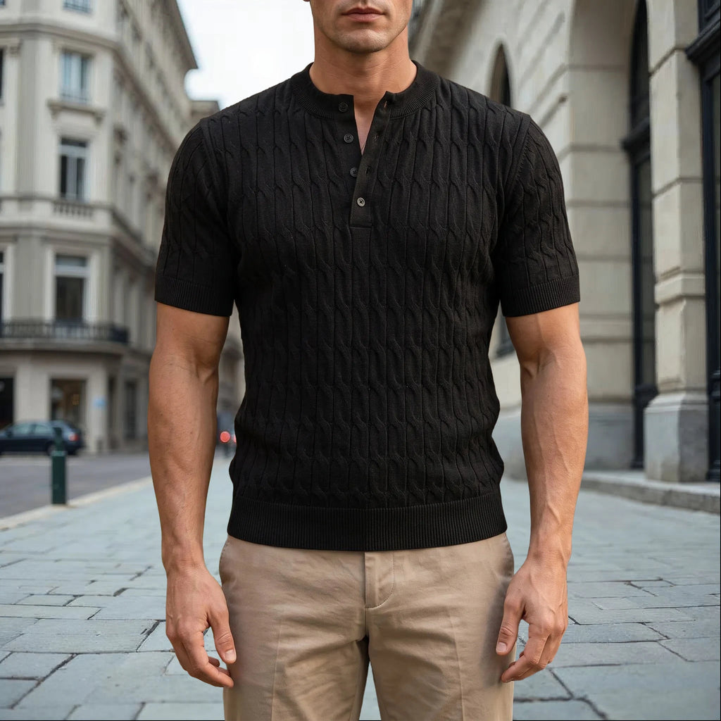 Knitare - Short-Sleeved Textured Henley Shirt