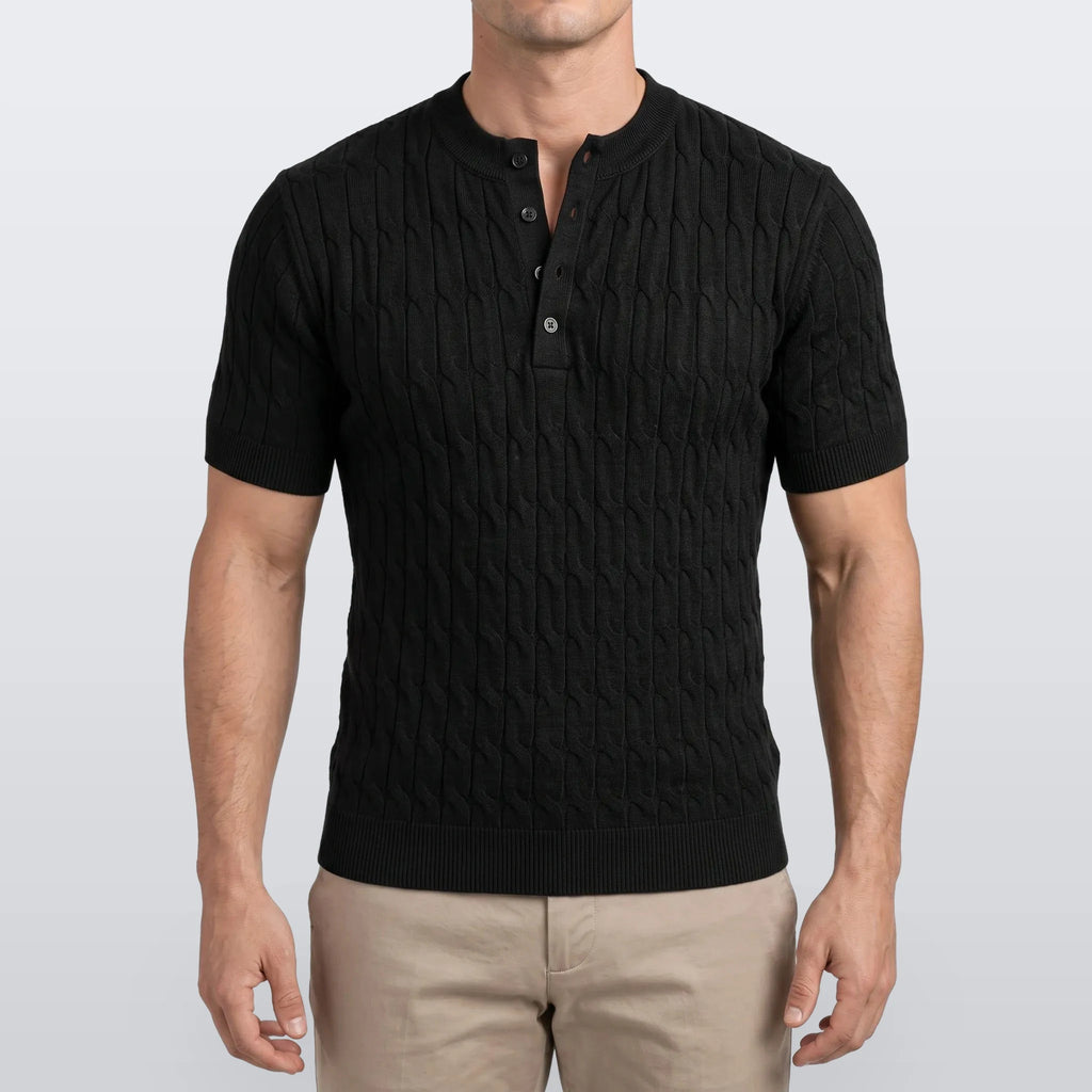 Knitare - Short-Sleeved Textured Henley Shirt