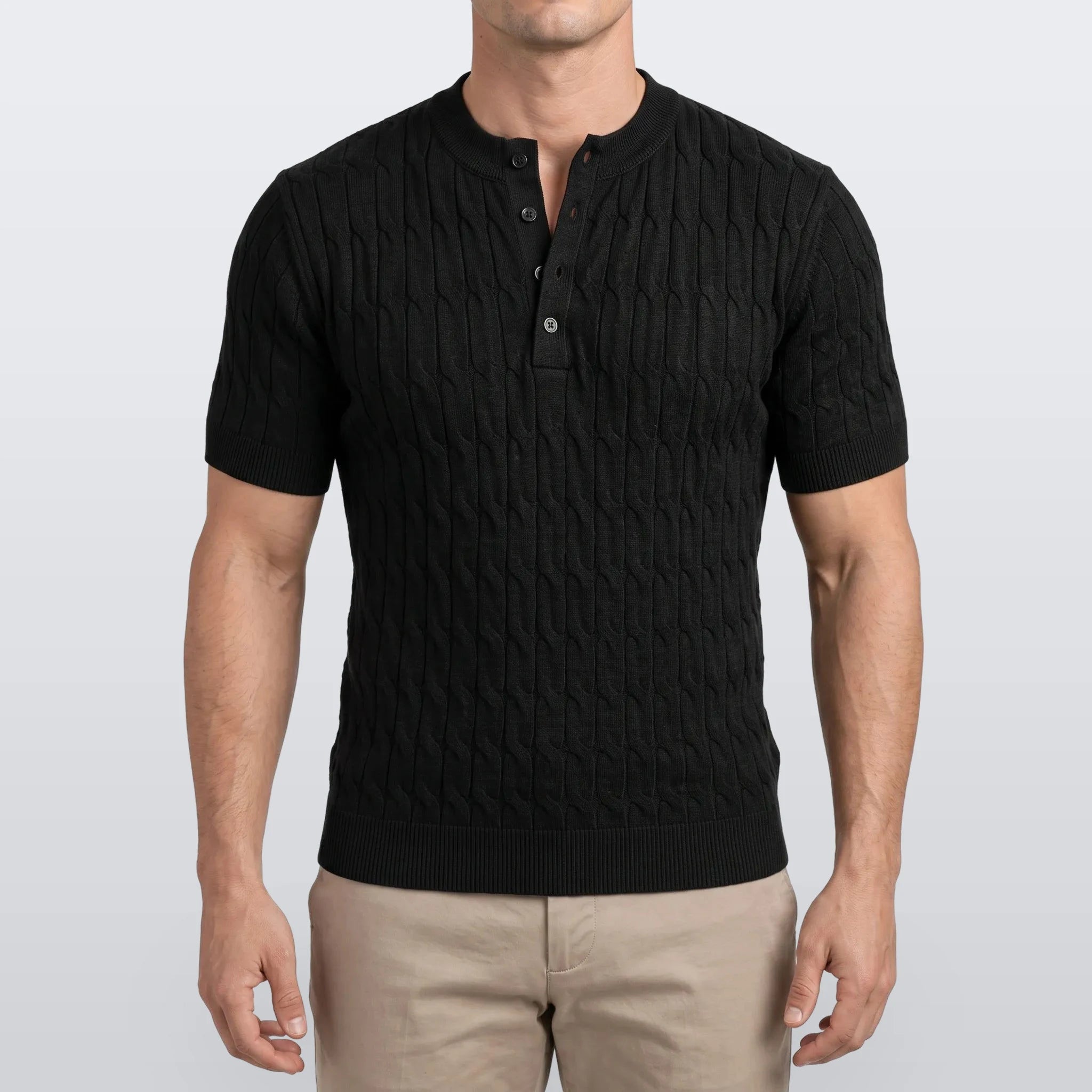 Knitare - Short-Sleeved Textured Henley Shirt