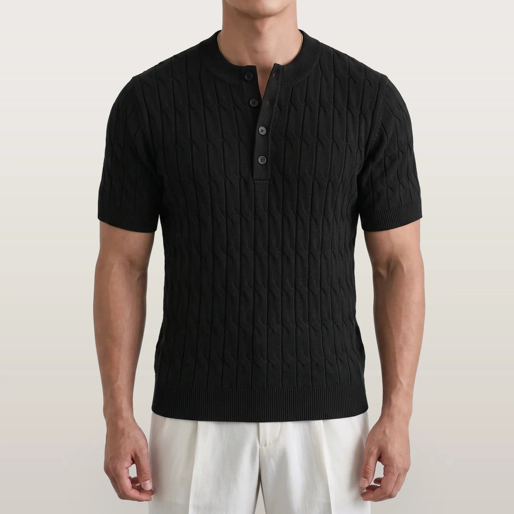 Knitare - Short-Sleeved Textured Henley Shirt