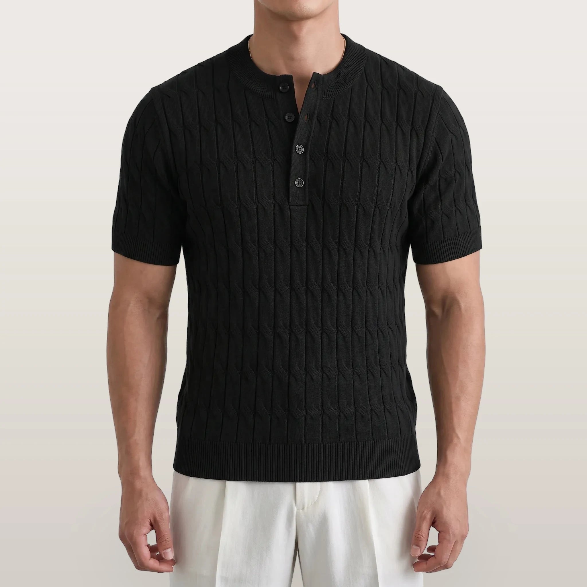 Knitare - Short-Sleeved Textured Henley Shirt