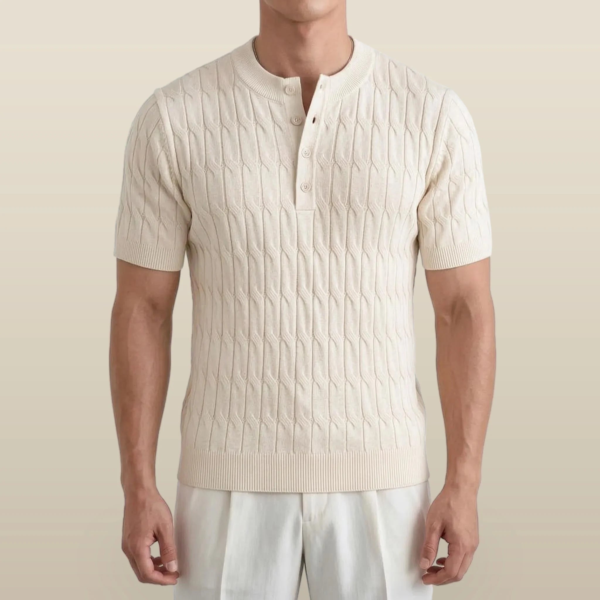 Knitare - Short-Sleeved Textured Henley Shirt