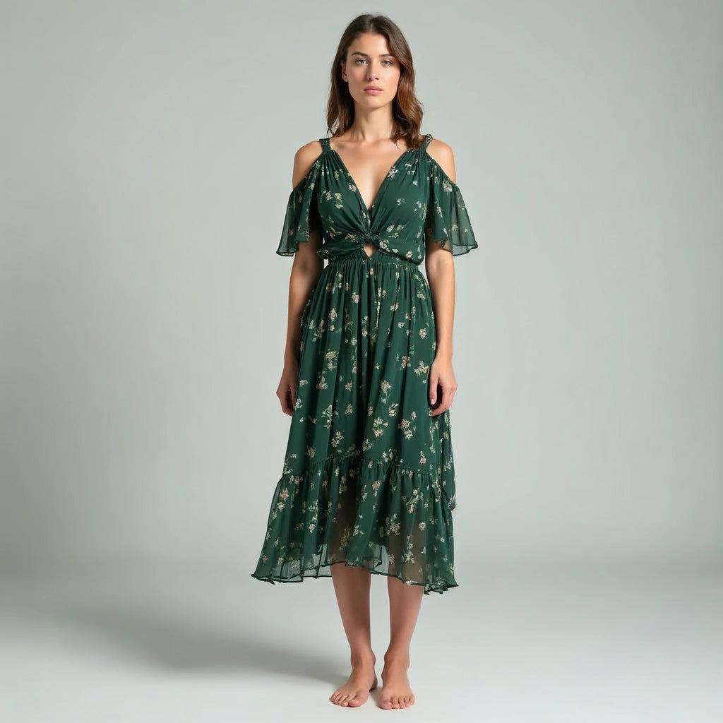 Lumira - Off-Shoulder Ruched Chiffon Midi Dress