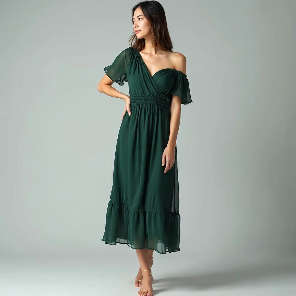 Lumira - Off-Shoulder Ruched Chiffon Midi Dress