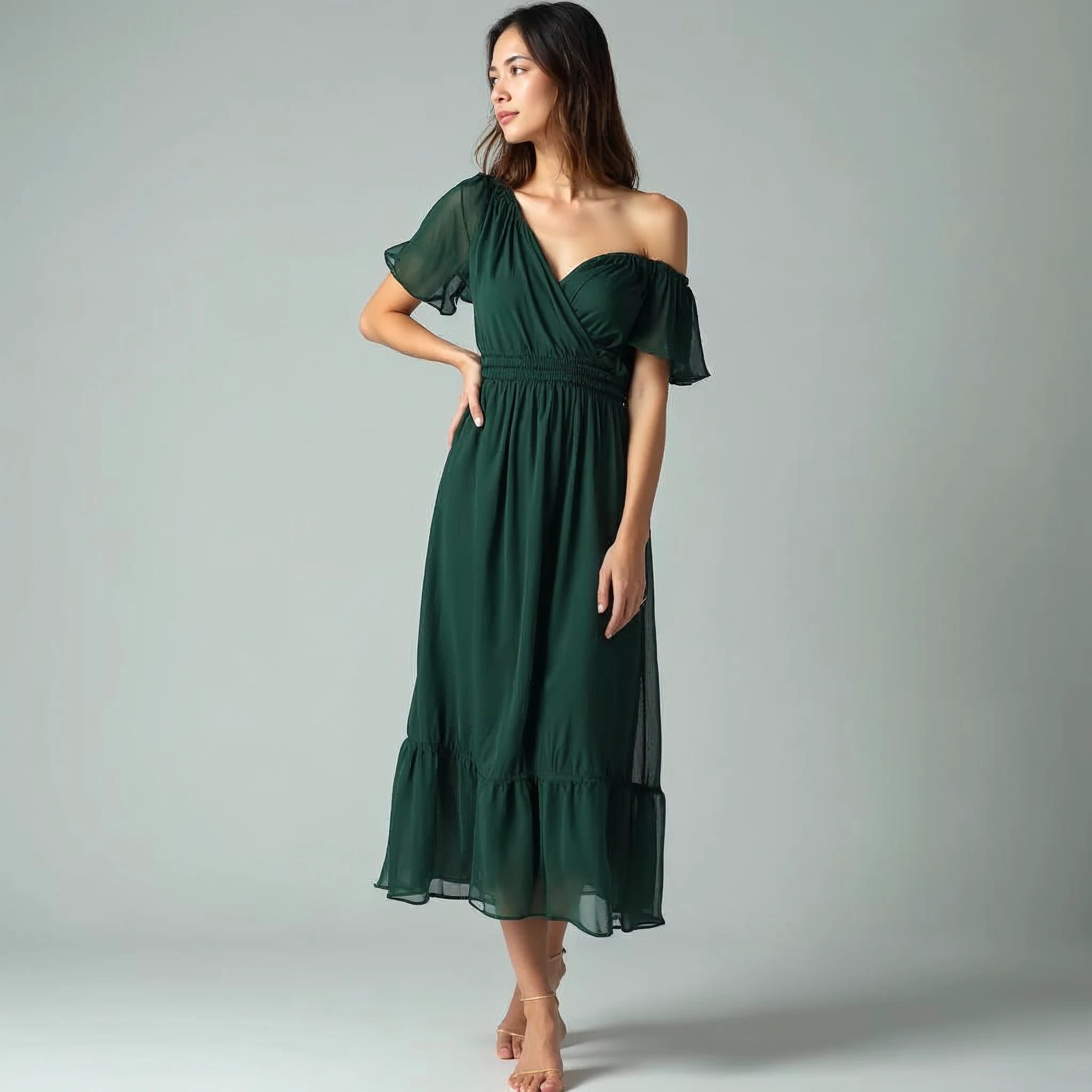 Lumira - Off-Shoulder Ruched Chiffon Midi Dress