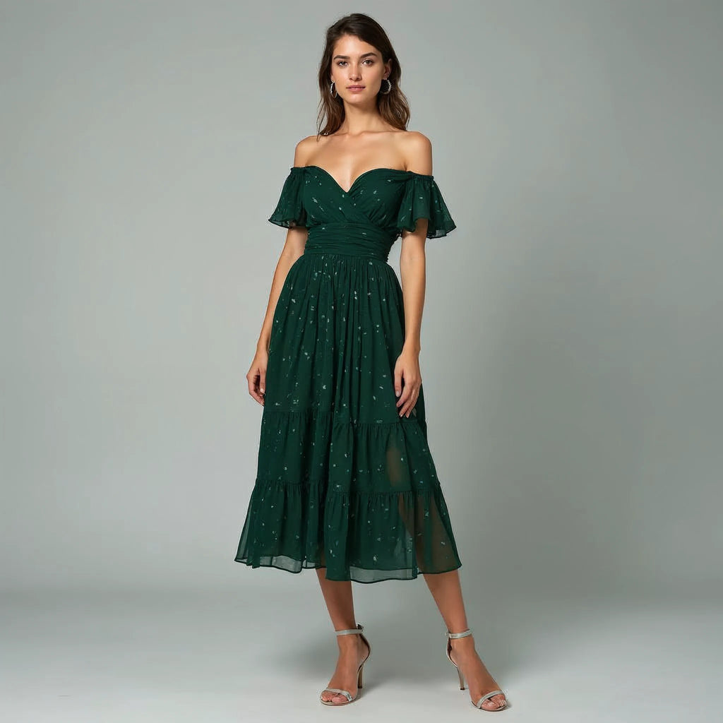 Lumira - Off-Shoulder Ruched Chiffon Midi Dress