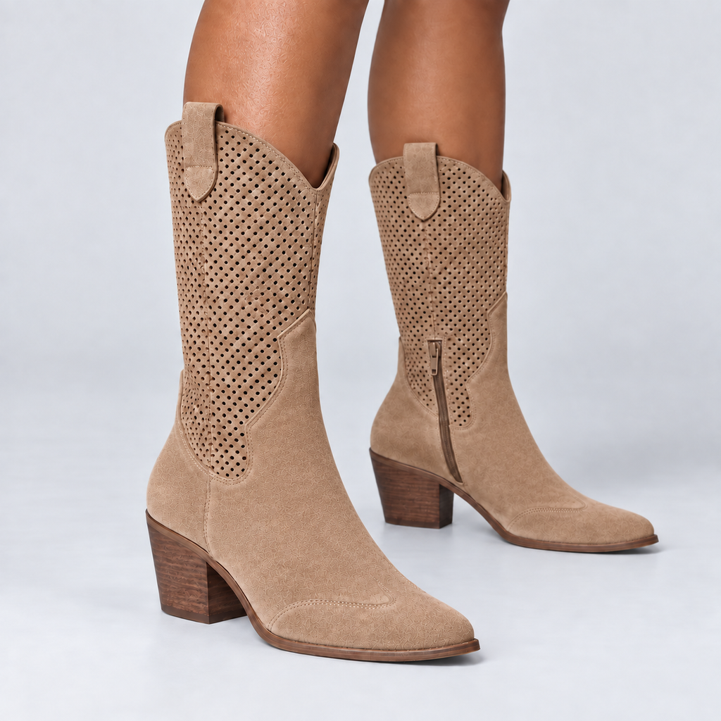 Mabel perforated western cowboy boots in brown, angled view