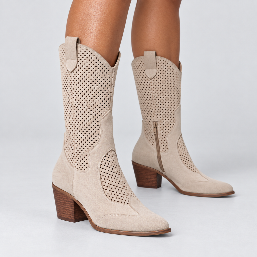 Mabel perforated western cowboy boots in khaki, angled view