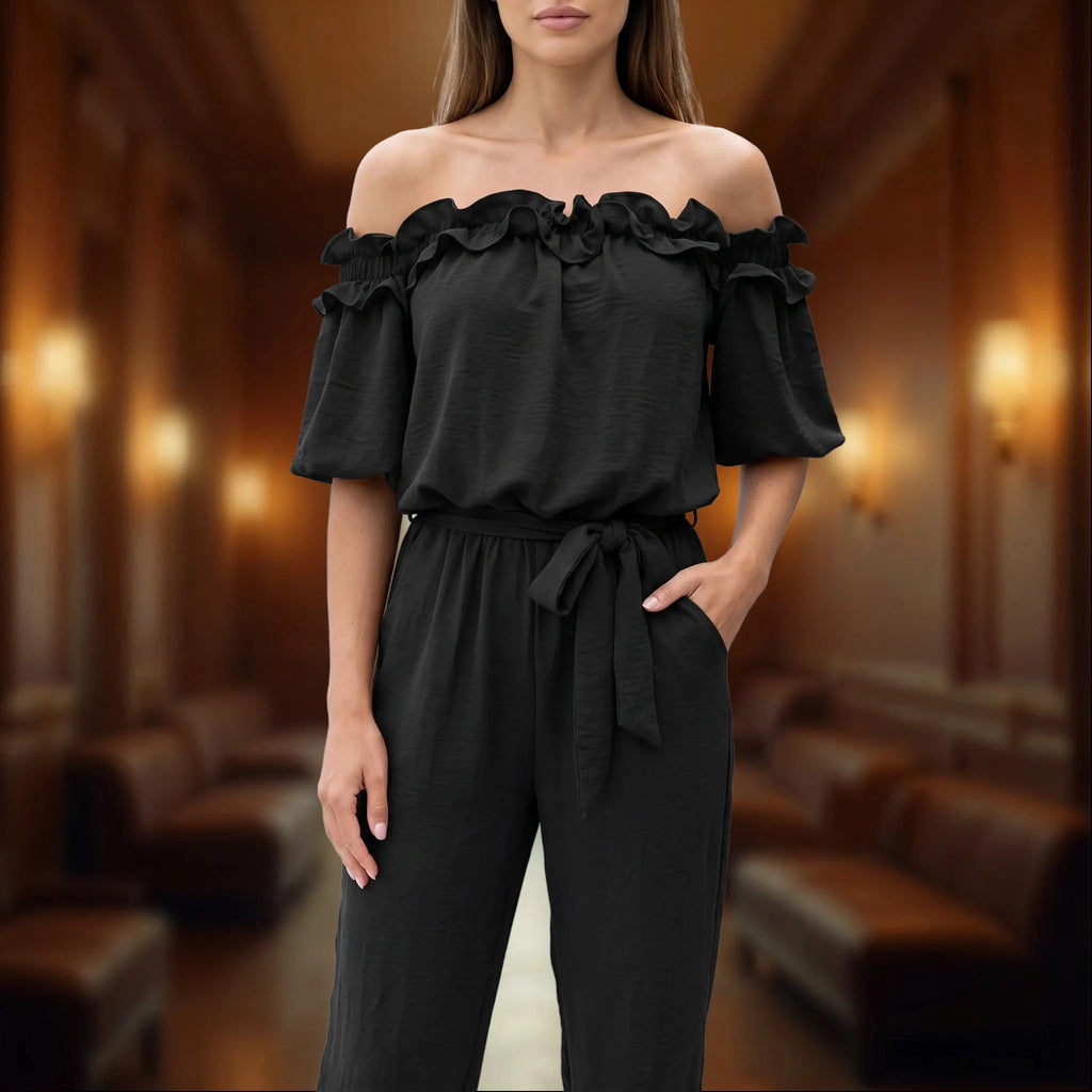 Oceana - Off-Shoulder Ruffle Neckline Jumpsuit