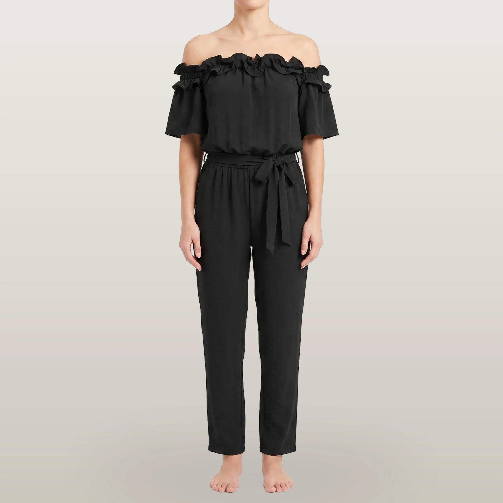 Oceana - Off-Shoulder Ruffle Neckline Jumpsuit
