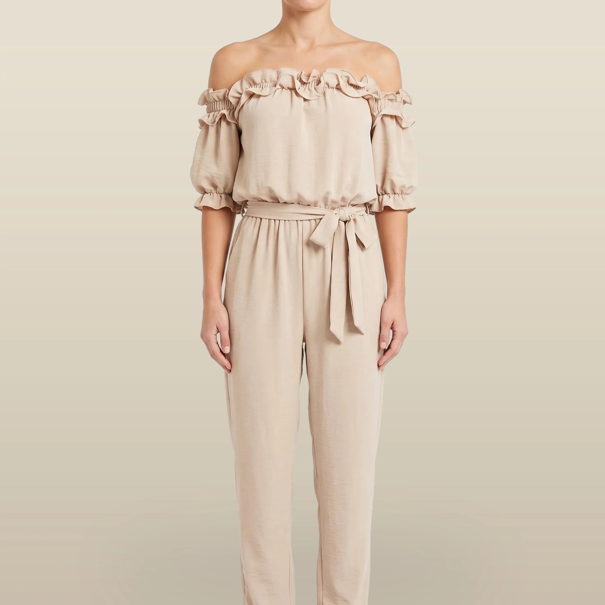 Oceana - Off-Shoulder Ruffle Neckline Jumpsuit