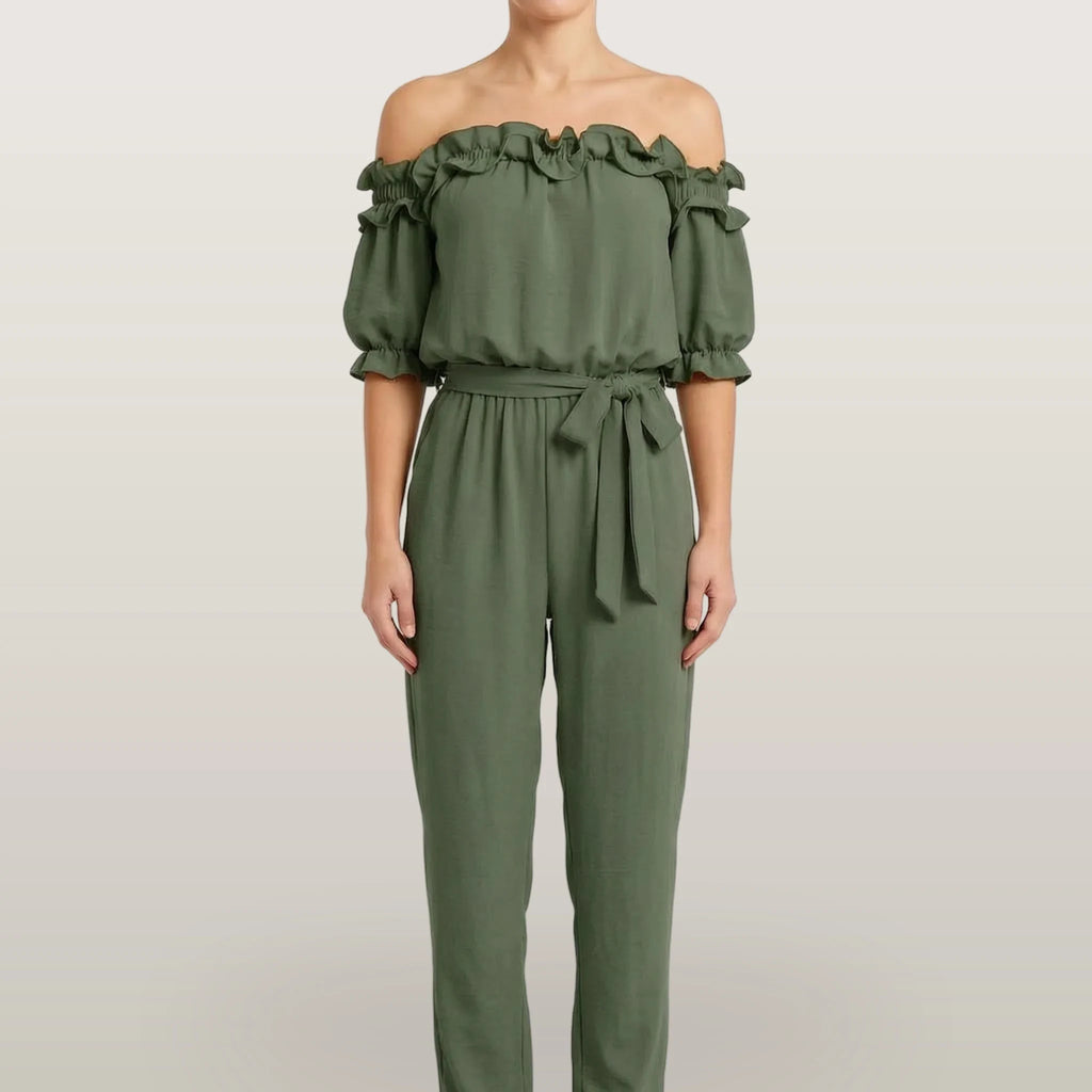 Oceana - Off-Shoulder Ruffle Neckline Jumpsuit