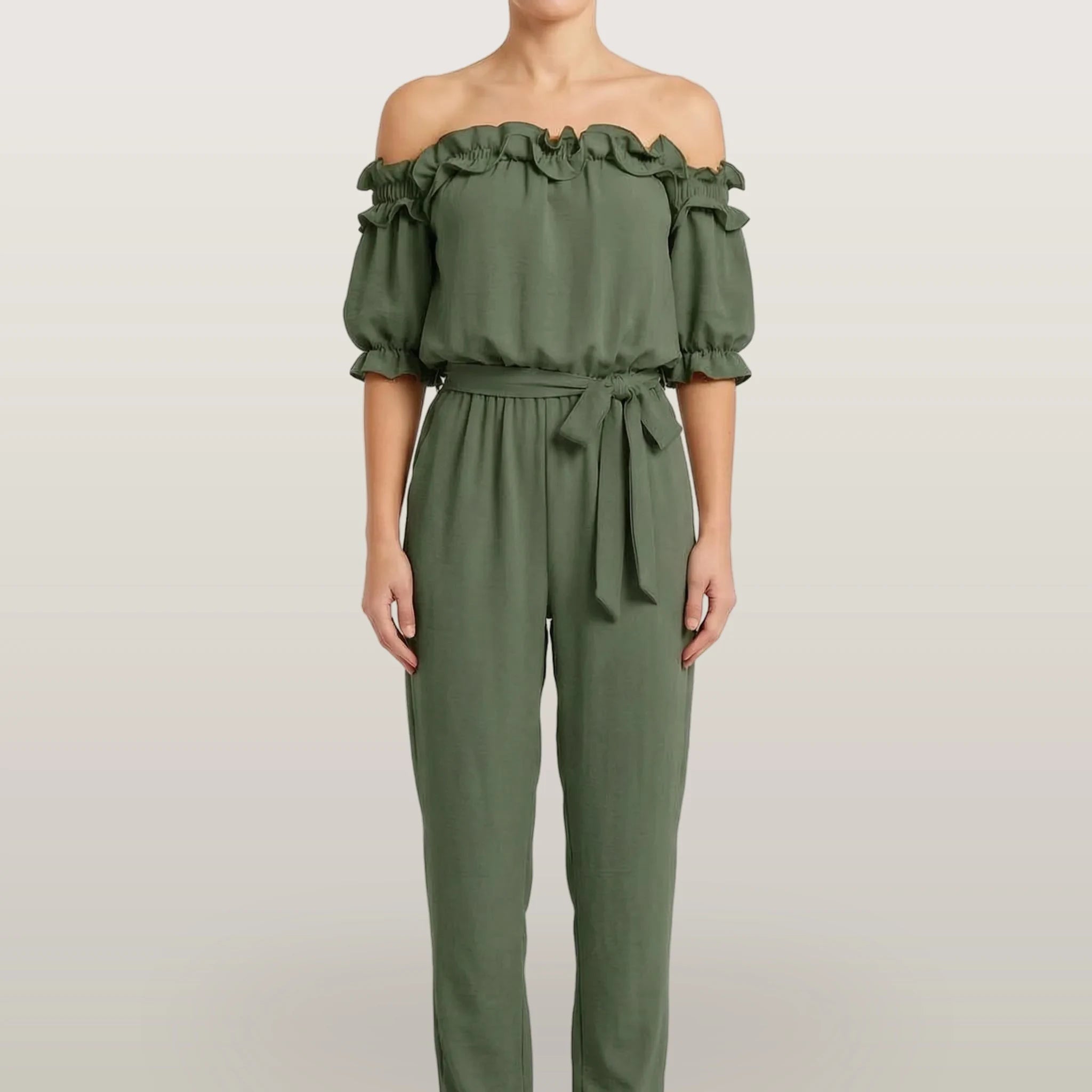 Oceana - Off-Shoulder Ruffle Neckline Jumpsuit