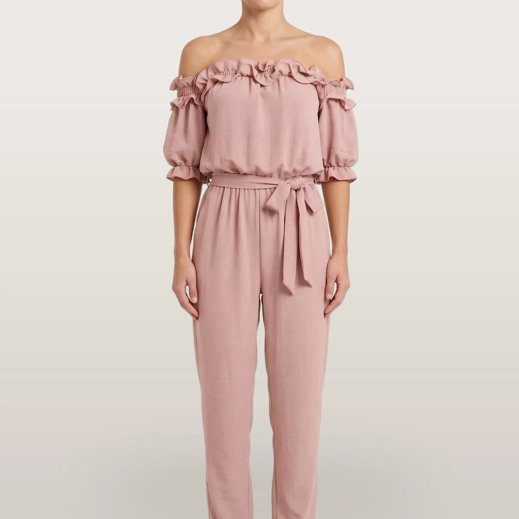 Oceana - Off-Shoulder Ruffle Neckline Jumpsuit