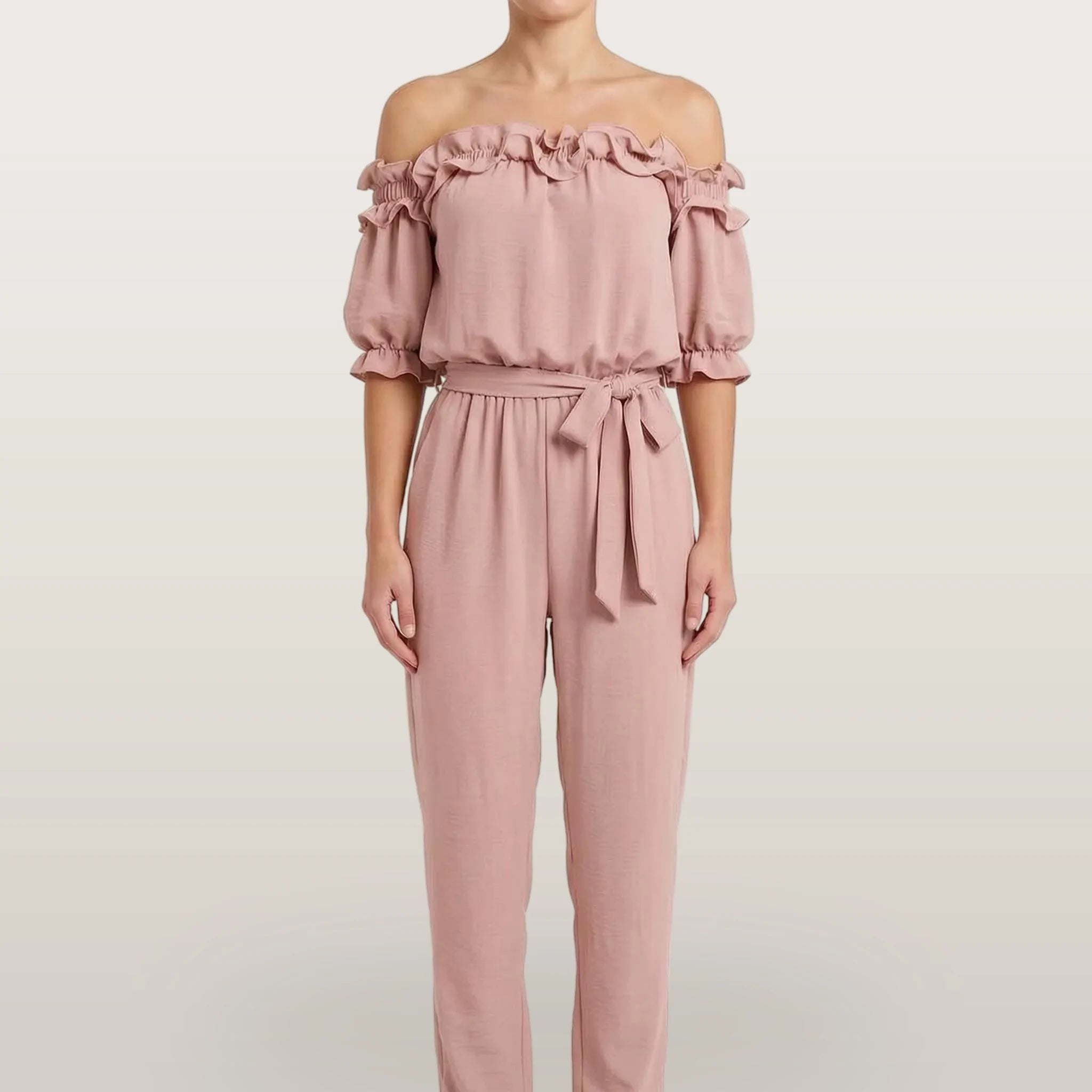 Oceana - Off-Shoulder Ruffle Neckline Jumpsuit