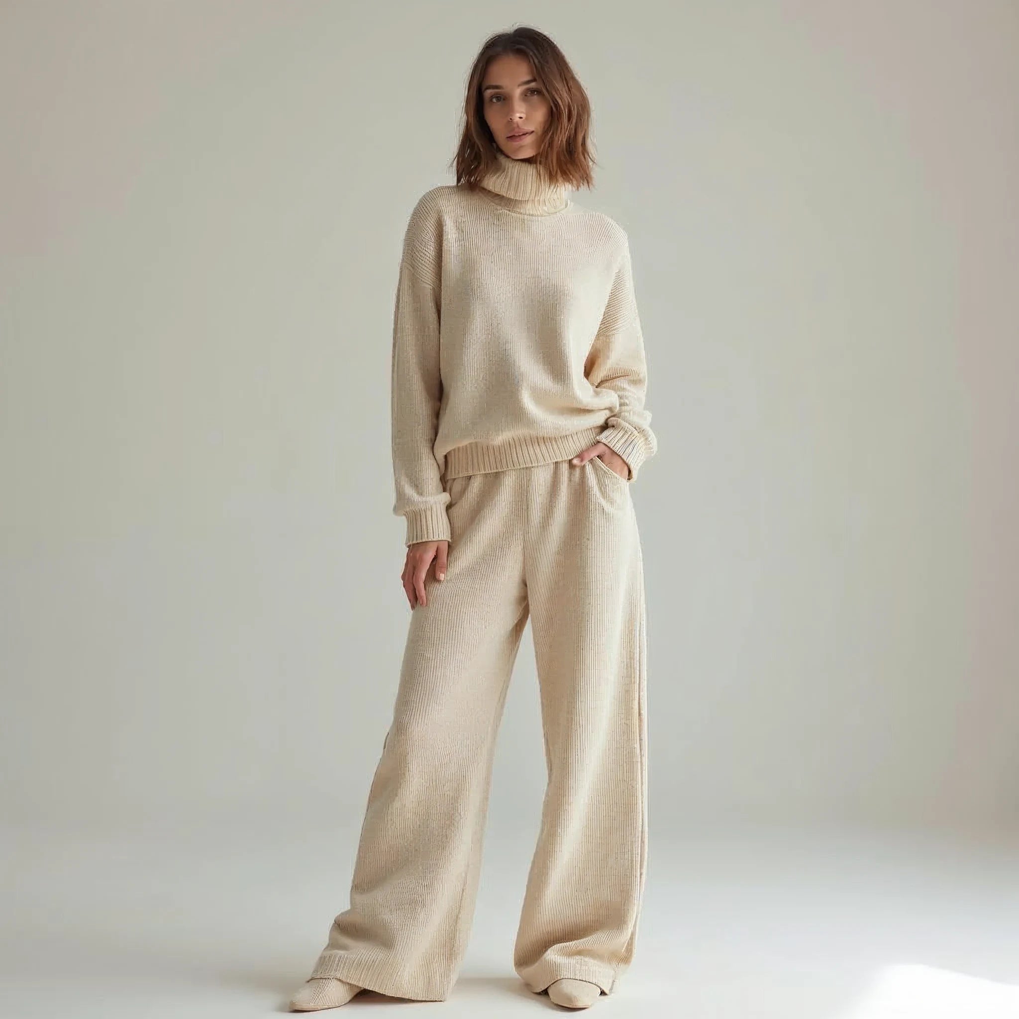 Rivienne - Oversized Roll-Neck and Wide-Leg Knit Set