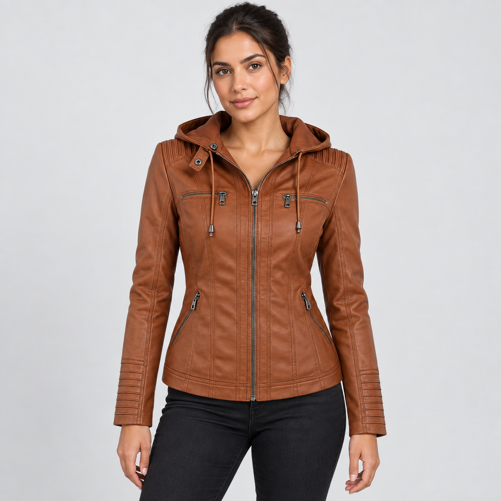 Sienna faux leather biker jacket with removable hood in light brown, front view