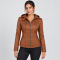 Sienna faux leather biker jacket with removable hood in light brown, front view