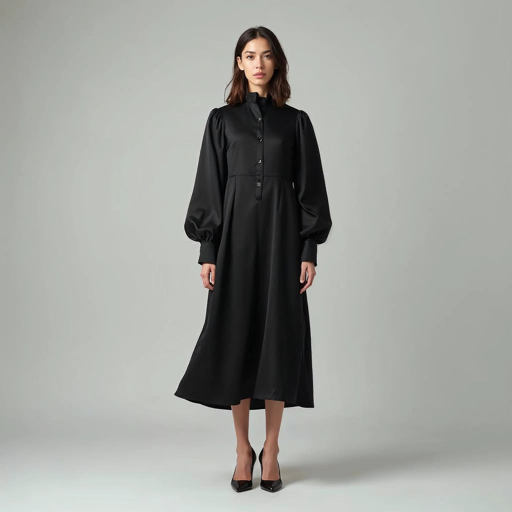 Solenne - Mock-Neck Bishop-Sleeve Satin Midi Dress