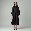 Solenne - Mock-Neck Bishop-Sleeve Satin Midi Dress