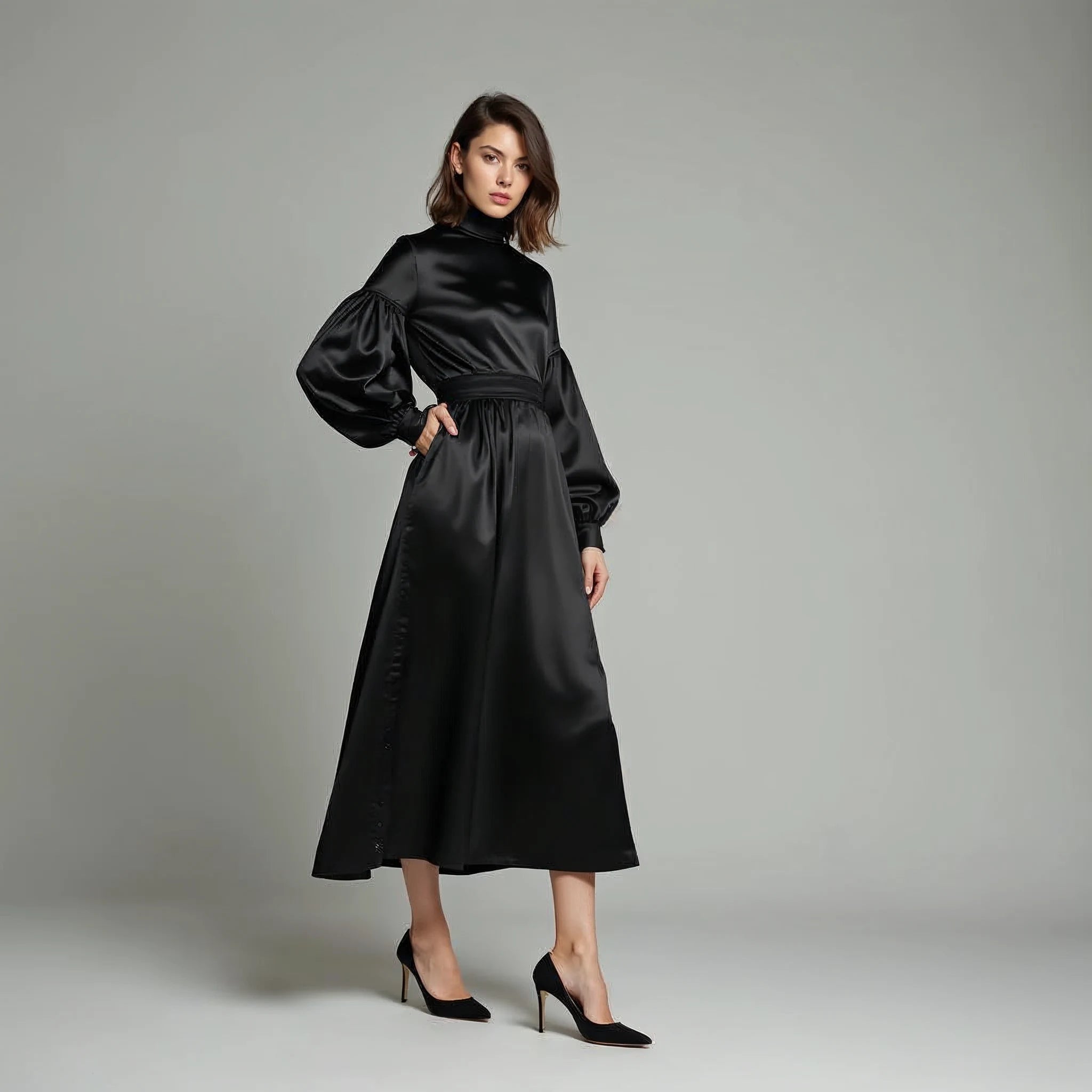 Solenne - Mock-Neck Bishop-Sleeve Satin Midi Dress