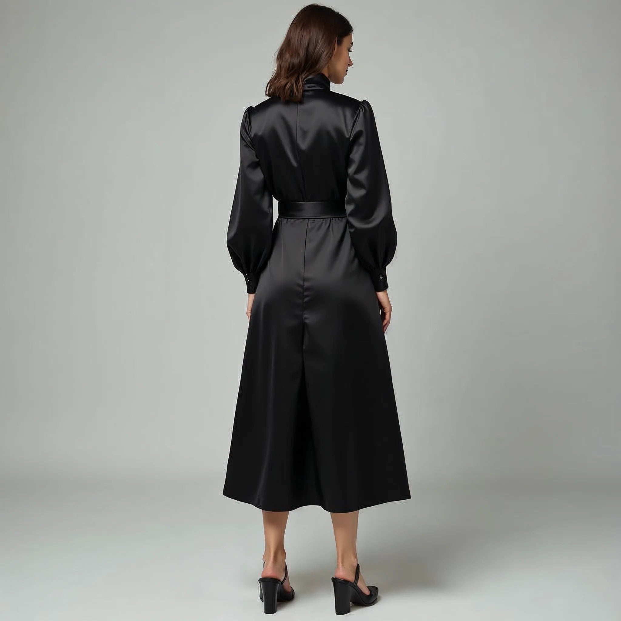 Solenne - Mock-Neck Bishop-Sleeve Satin Midi Dress